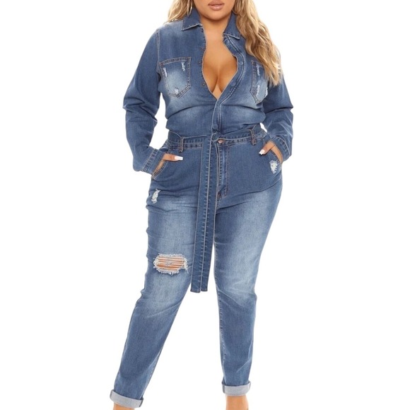 SWANK Distressed Denim Jumpsuit Medium Wash Long Sleeve Belted Blue 3X - Picture 2 of 4